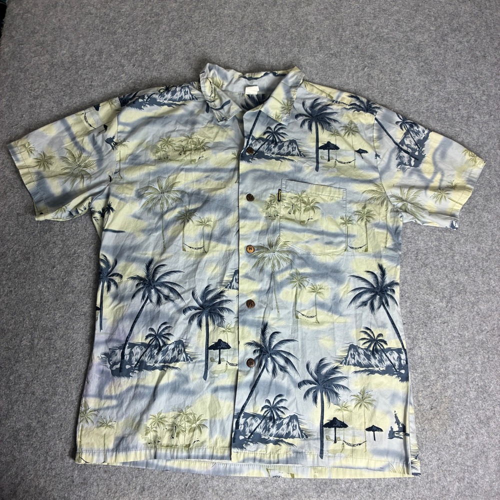 Palmwave Hawaii Mens XL Aloha Blue Yellow Palm Tree Short Sleeve Button Shirt